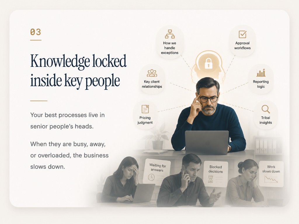 Knowledge locked inside key people.Waiting on answers, blocked decisions, and work slowing down across the team.