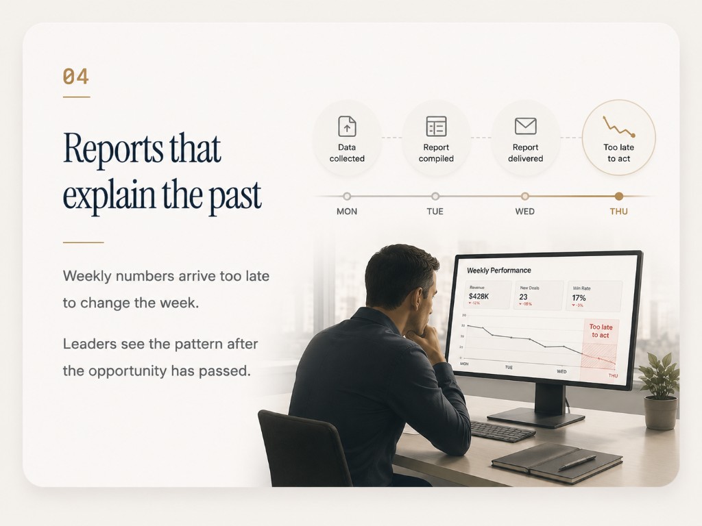 Reports that only explain the past.Weekly numbers arrive too late to change the week or the decision behind it.